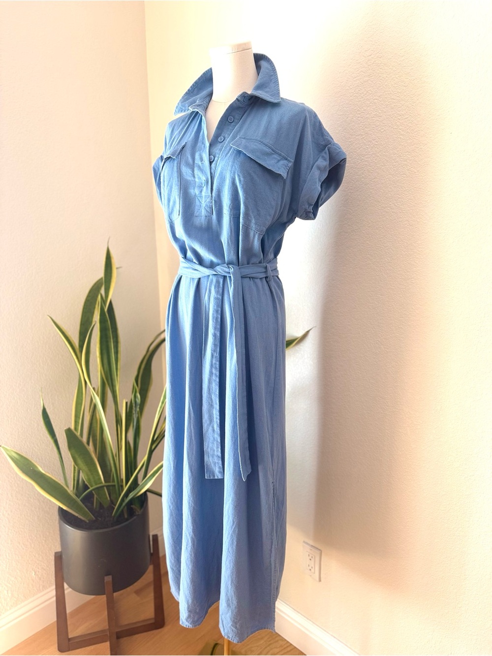 Calvin Klein Light Blue Maxi Shirt Dress with Tie Belt